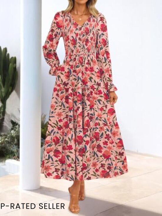 Floral Boho Maxi Dress Long Sleeve V Neck A Line Flowy Wedding Guest - Picture 2 of 7